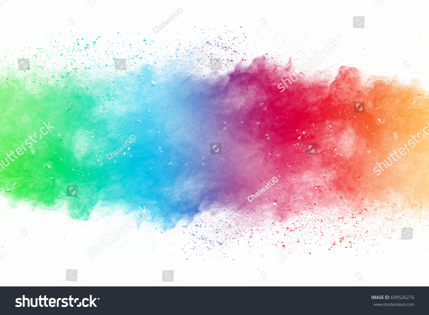 Abstract art powder paint on white background. Movement abstract frozen dust explosion multicolored on white background. Stop the movement of colored powder on white background. #699526276