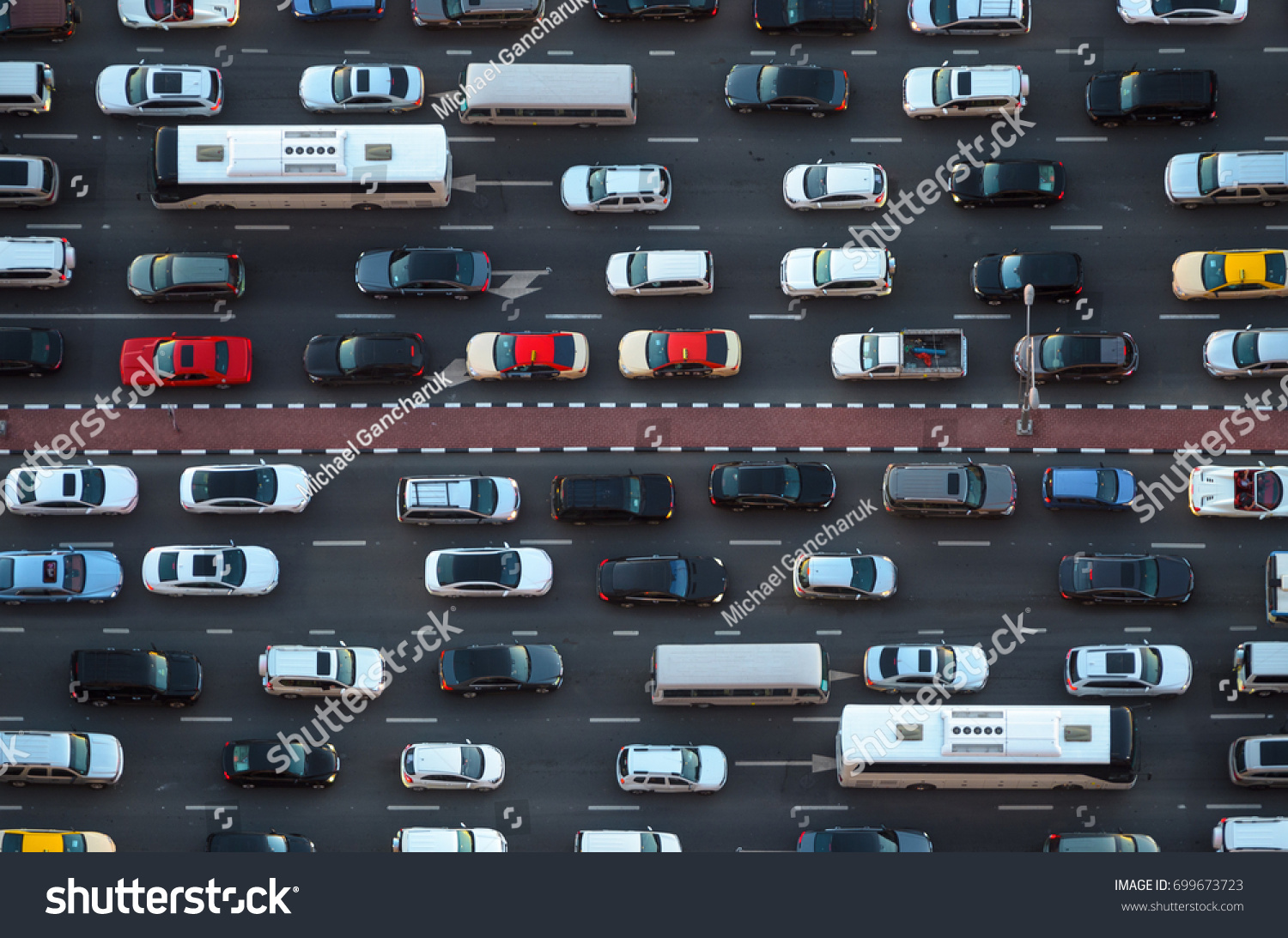Top view of numerous cars in a traffic jam in Dubai, United Arab Emirates #699673723