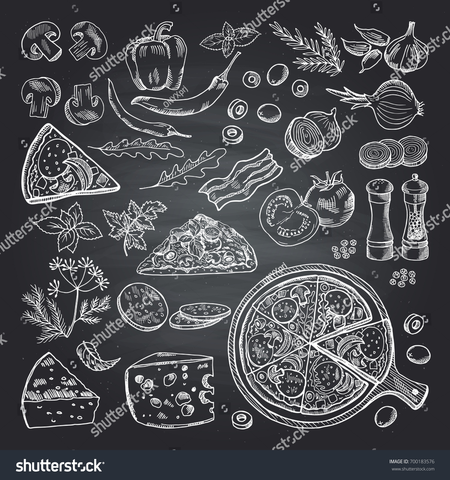 Illustrations of pizza ingredients on black chalkboard. Pictures set of italian kitchen #700183576