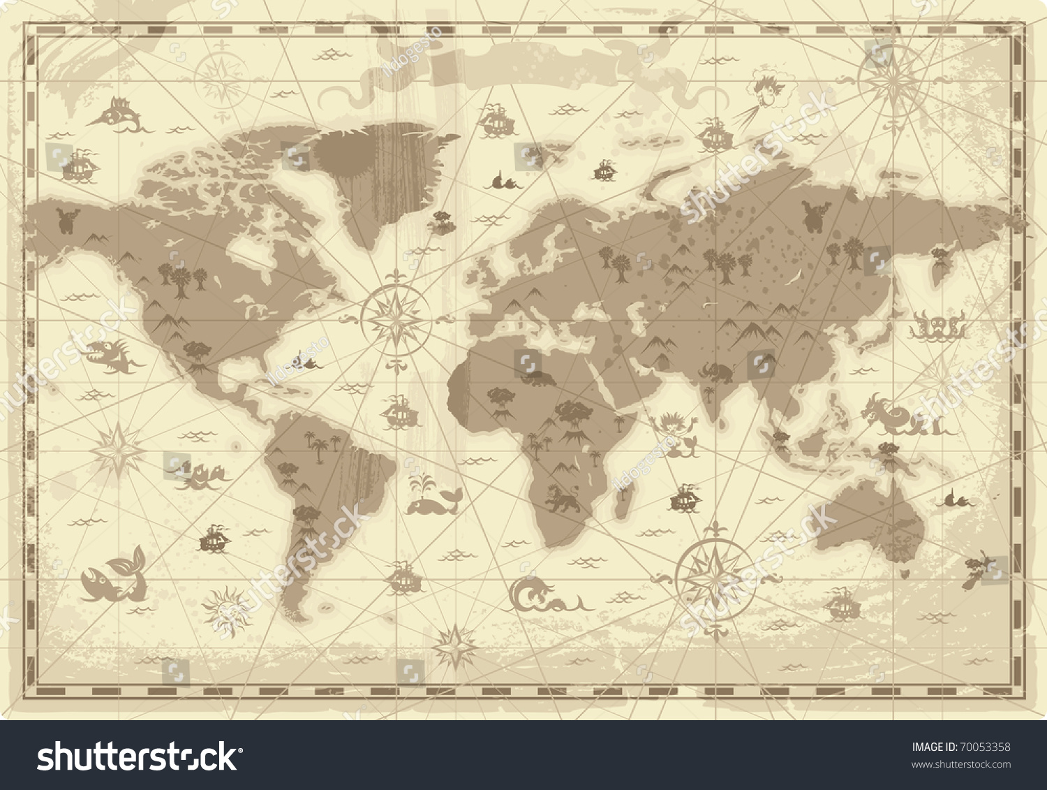 Retro-styled map of the World with mountains and fantasy monsters. Colored in sepia. Raster version. Vector version is also available. #70053358
