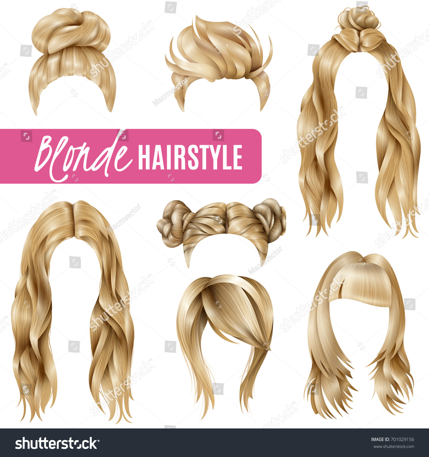 Set of coiffures for blond women with stylish haircuts and long hair, braided strands isolated vector illustration  #701029156