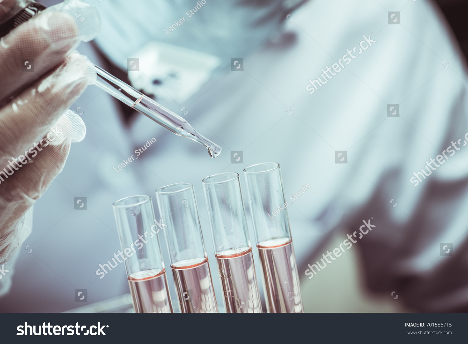 scientist dropping chemical liquid to flask with lab glassware background, Laboratory research concept,Researcher is dropping the reagent into test tube. #701556715
