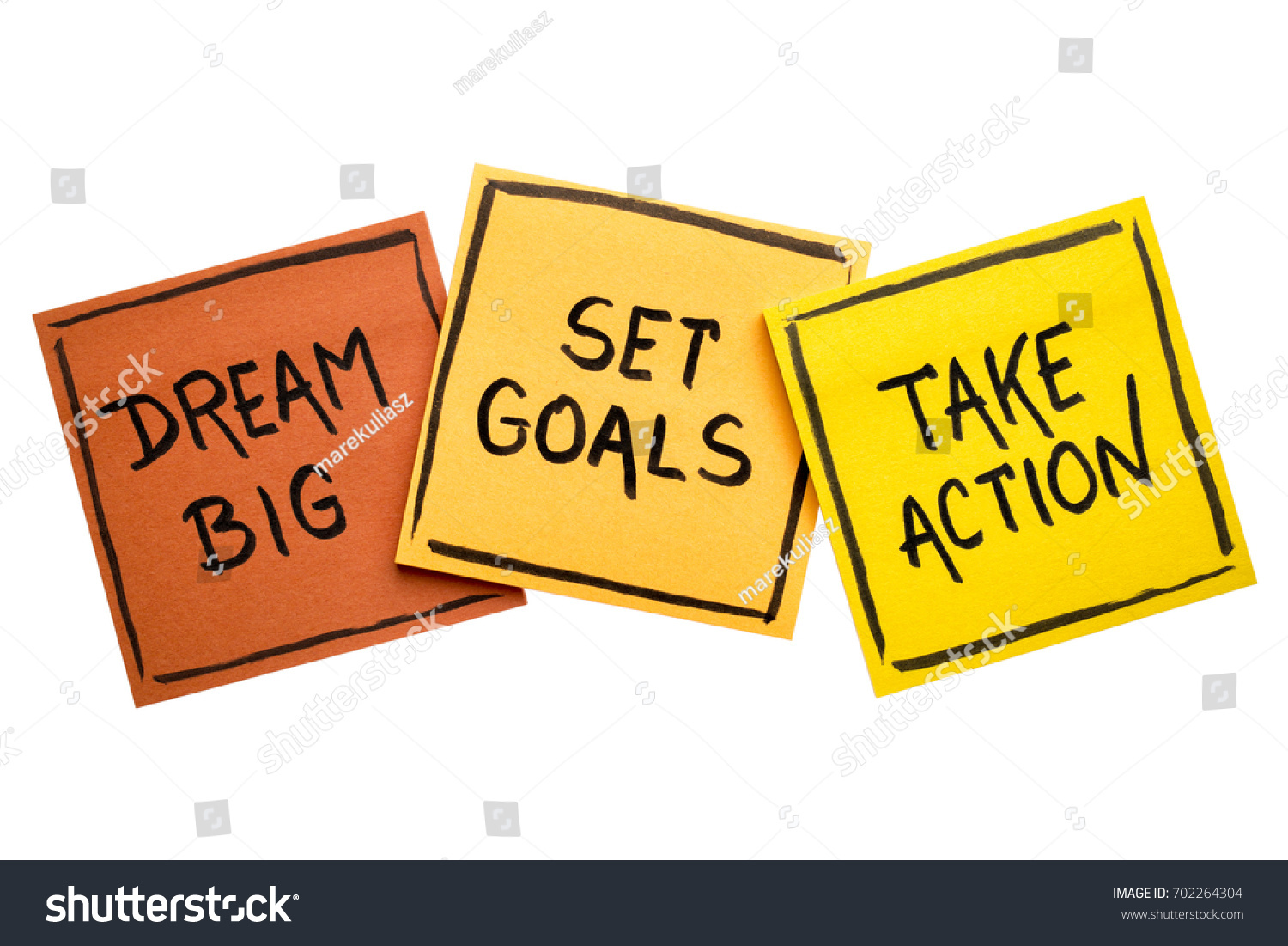 dream big, set goals, take action concept - motivational advice or reminder on colorful sticky notes isolated on white #702264304