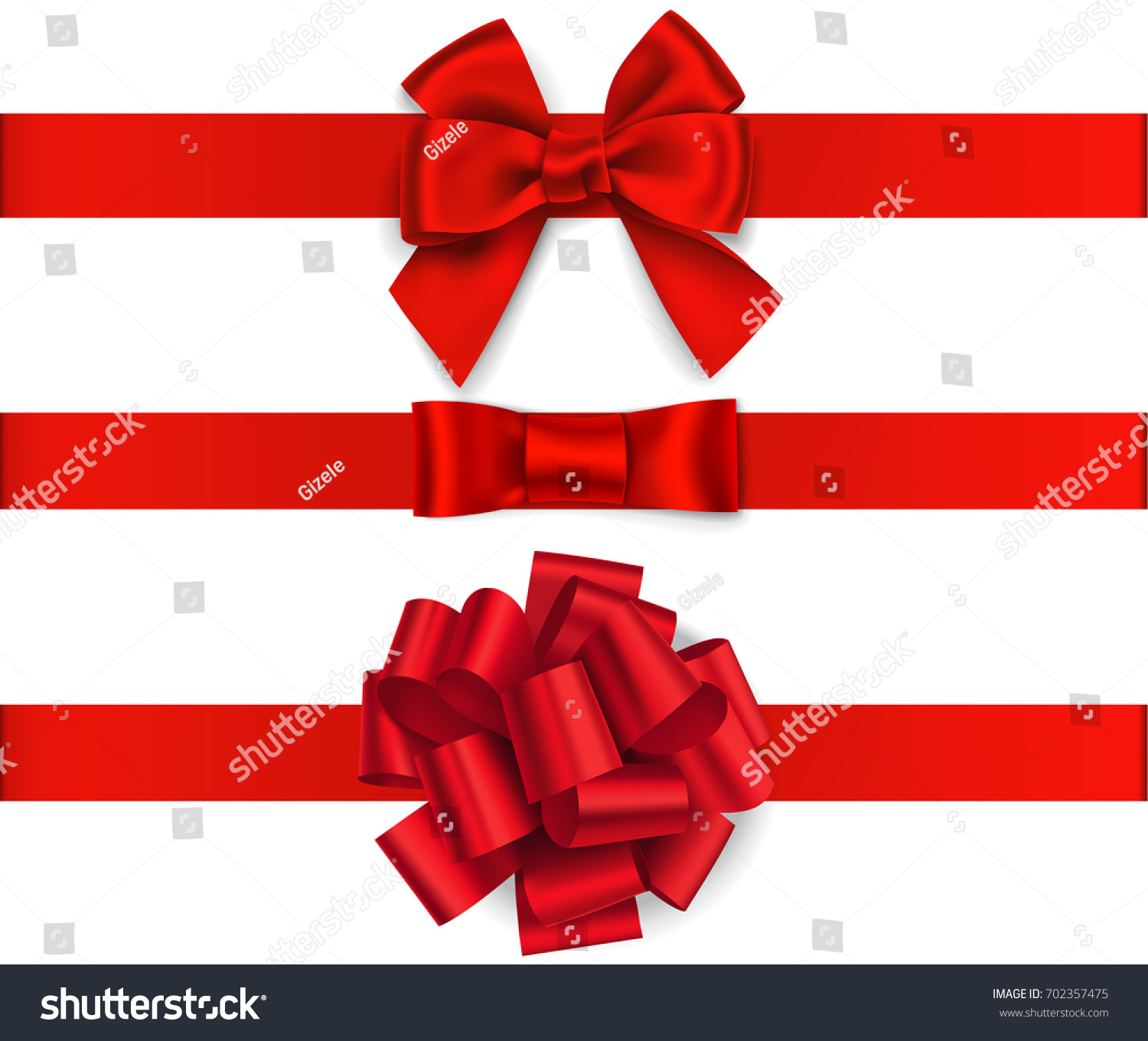 Decorative red bow with horizontal red ribbon isolated on white. Vector set of bows for page decor #702357475