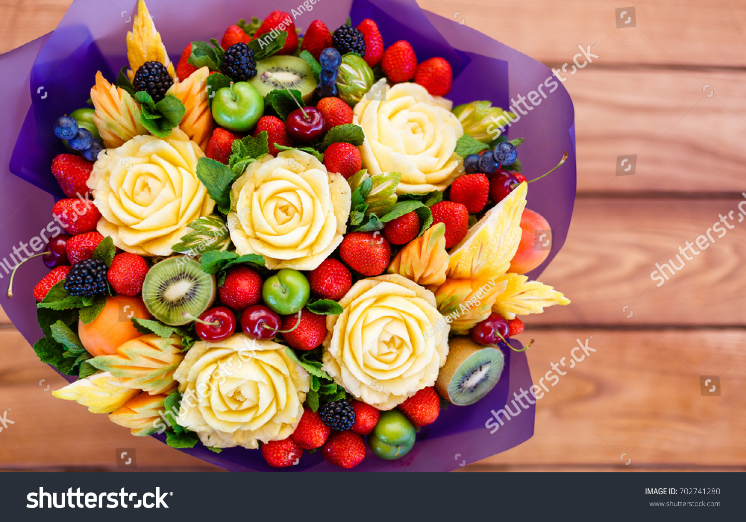 Carved vfruit bouquet, original creative food present, dessert #702741280