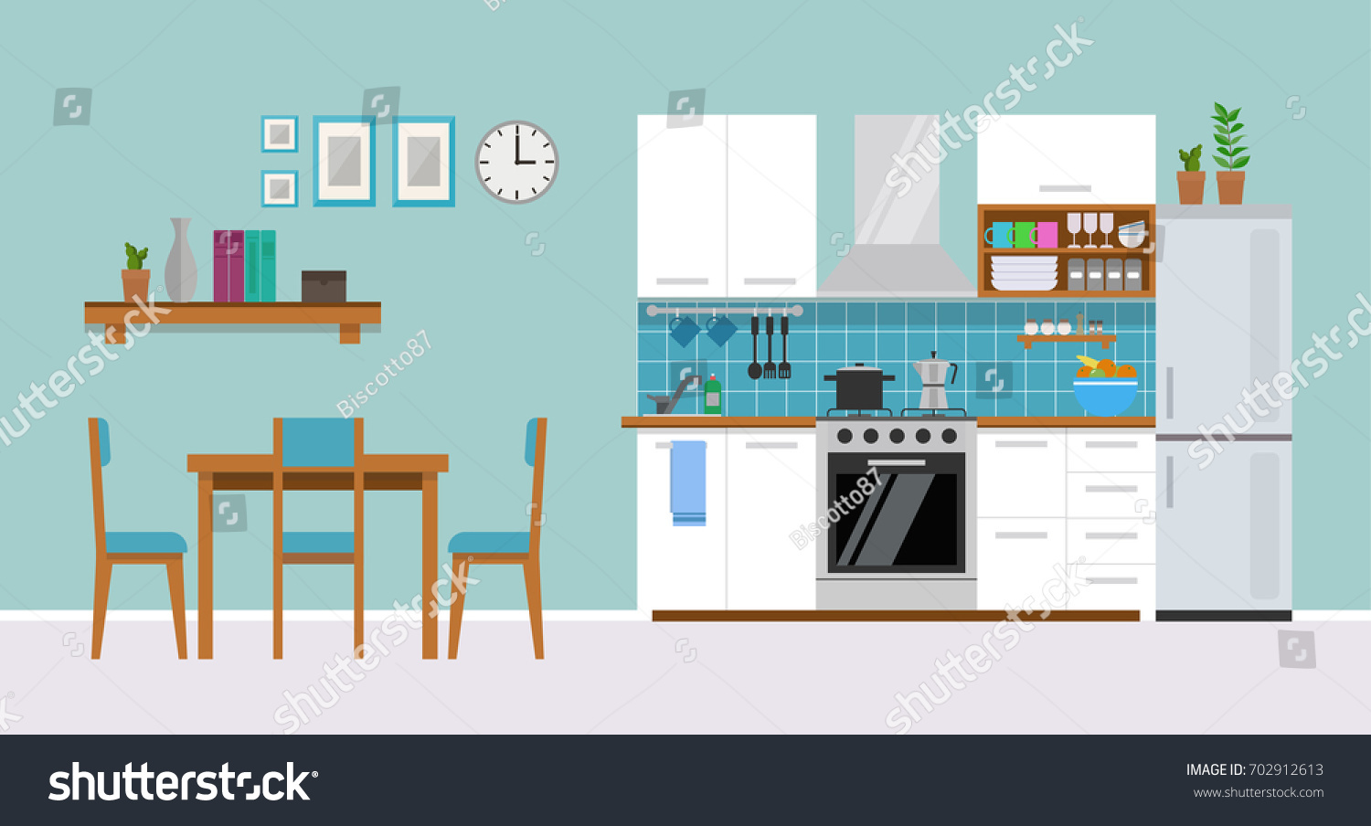 Modern cozy kitchen interior with dining area, flat style, vector graphic design template #702912613