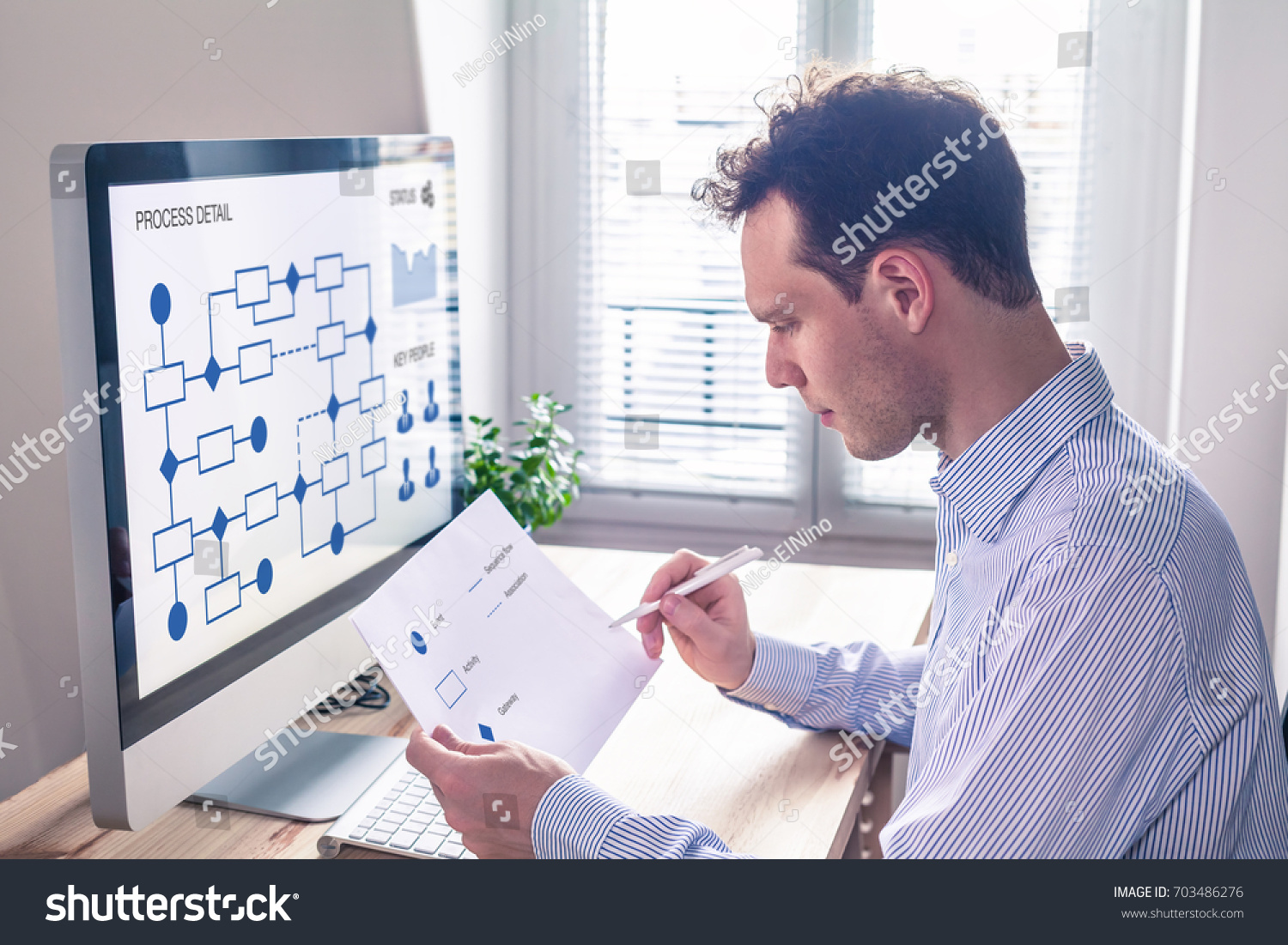 Businessman or engineer working on business process automation or algorithm with flowchart on computer screen #703486276