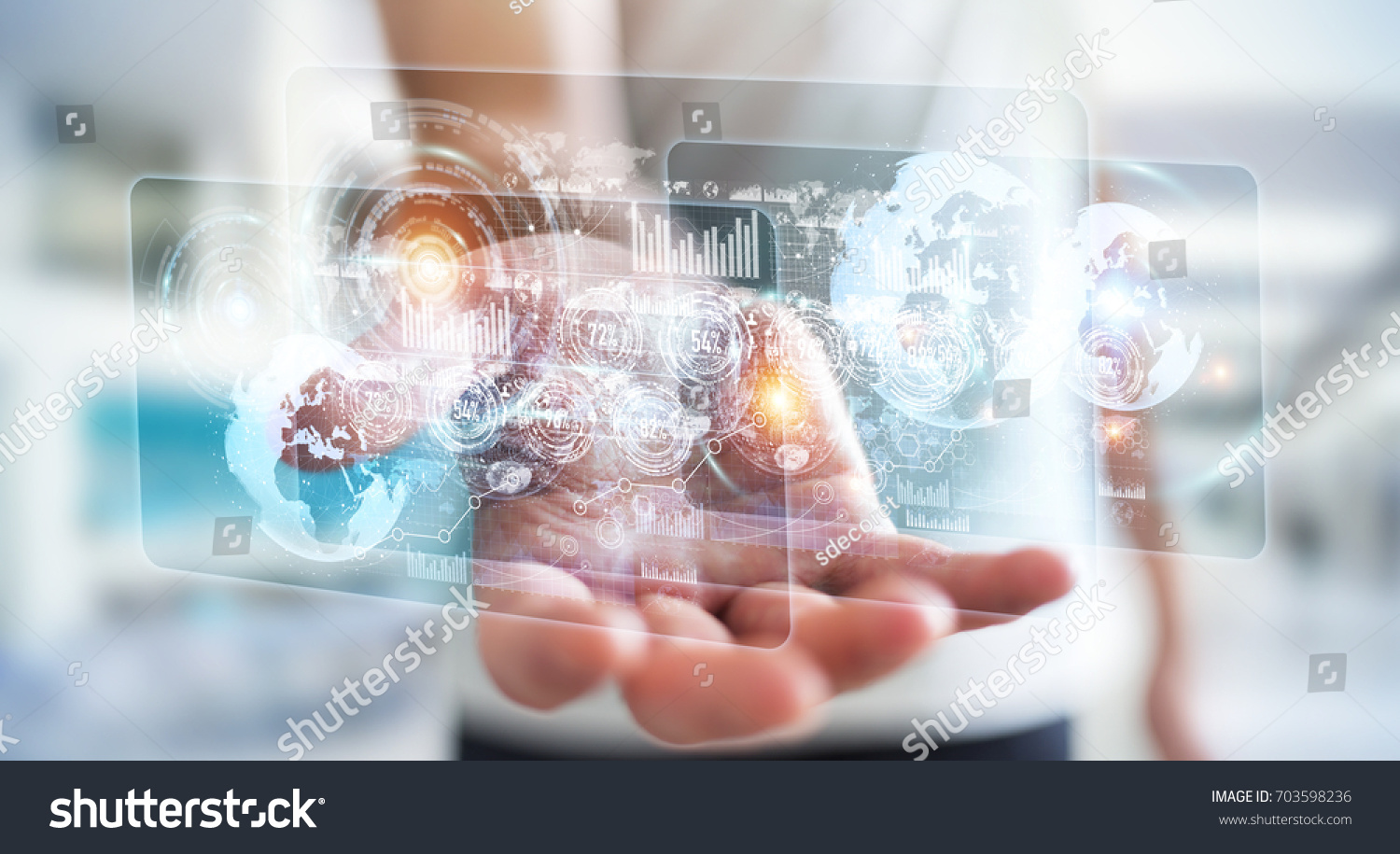 Hologram screen with digital datas used by businessman on blurred background 3D rendering #703598236