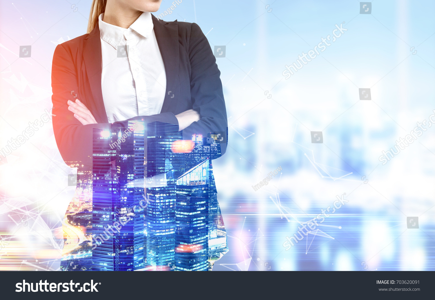 Close up of a blonde businesswoman with crossed arms standing in an office with panoramic windows. Blue cityscape. Toned image double exposure mock up #703620091
