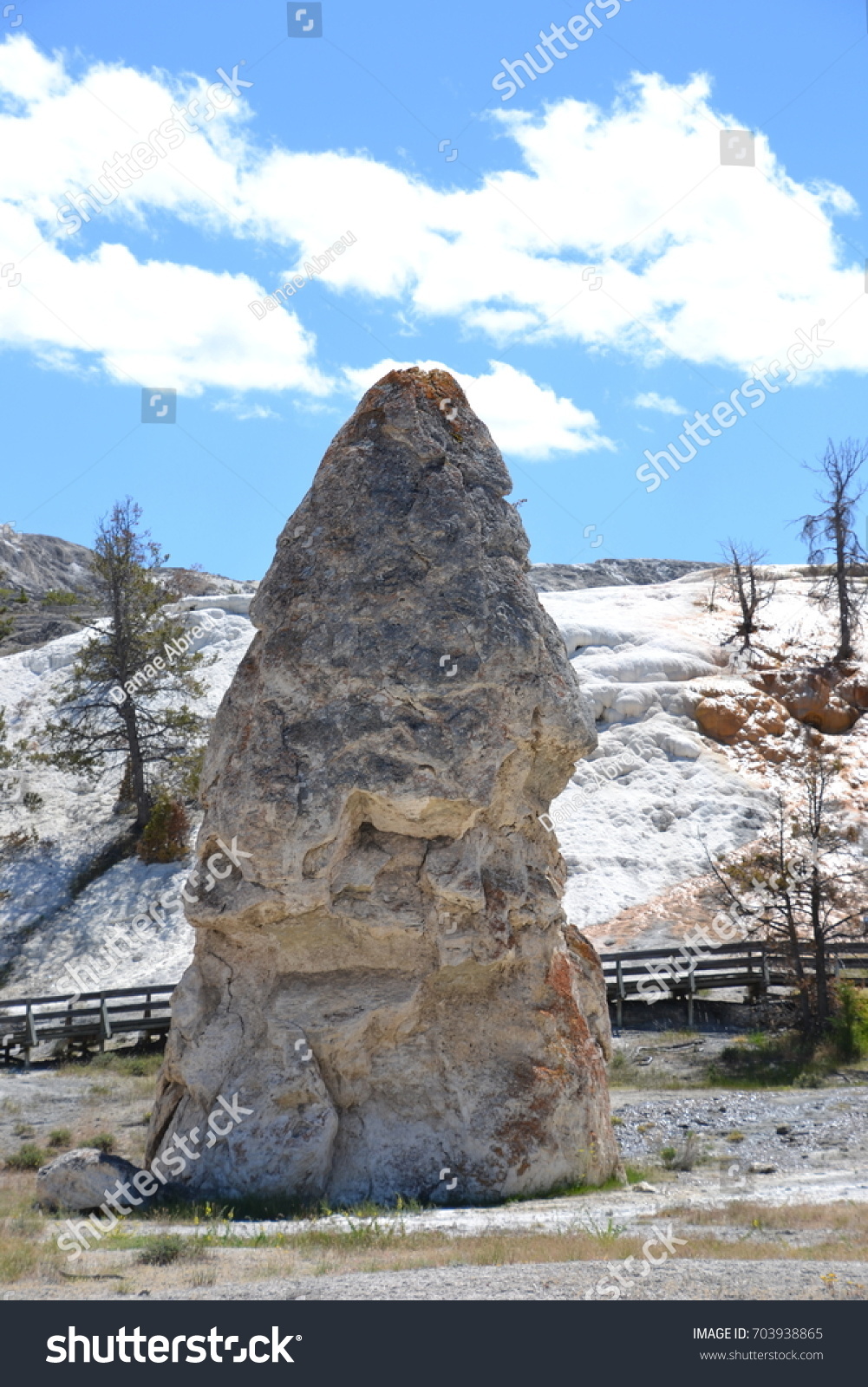 Liberty Cap a well known natural limestone and travertine monument in Mammoth Hot Springs Springs located in the Northern entrance of Yellowstone National Park, Wyoming #703938865