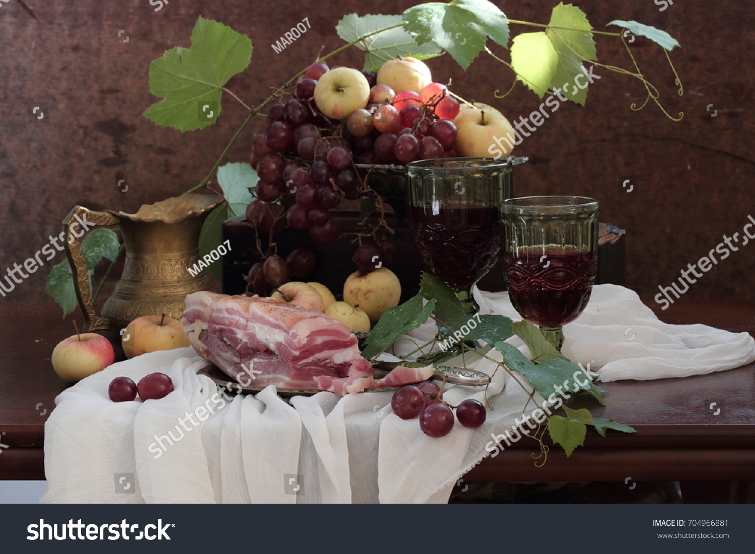 brisket country - style and red wine with fruits on wooden table
 #704966881