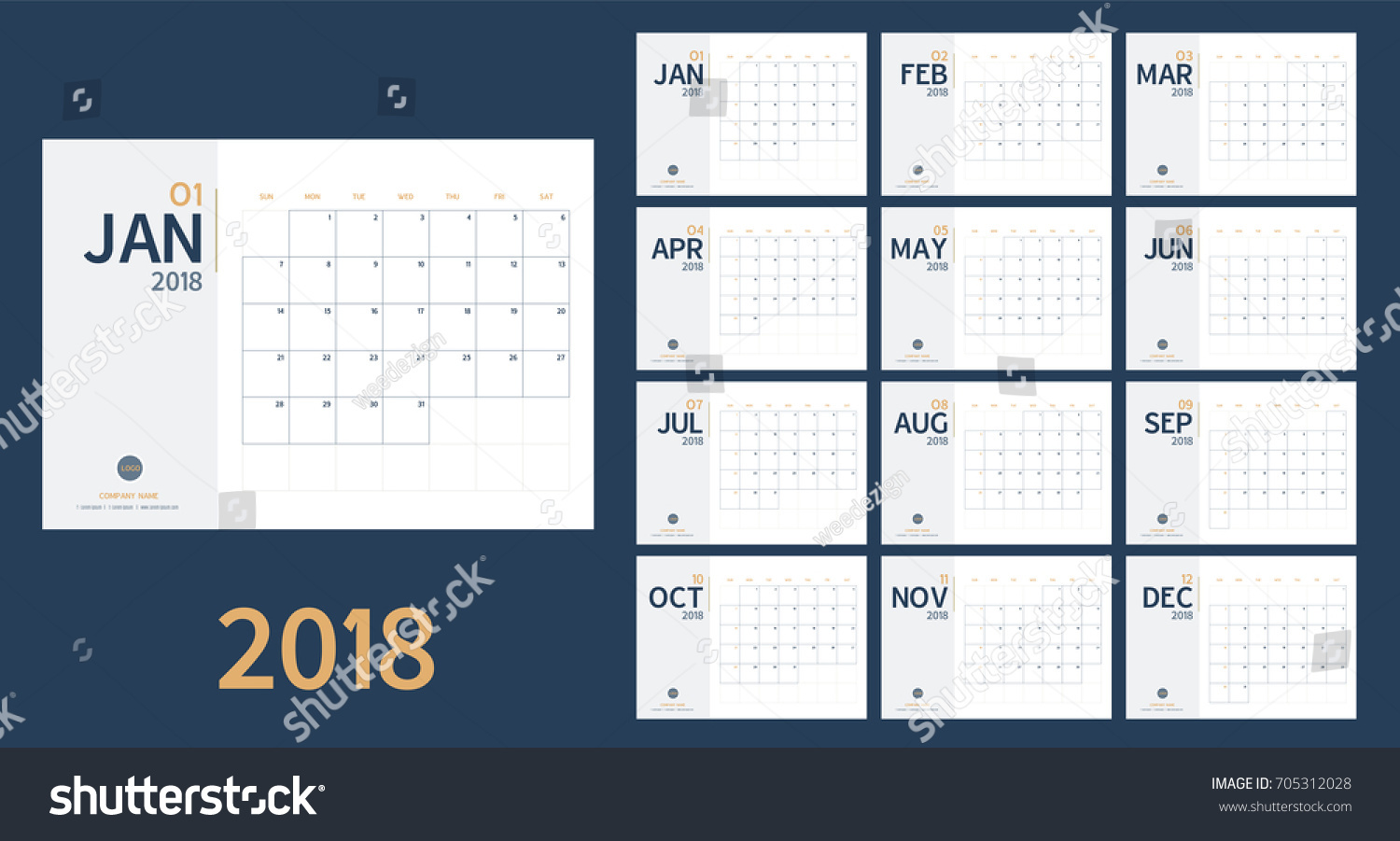 Vector of 2018 new year calendar in clean minimal table simple style and blue and yellow color,Holiday event planner,Week Starts Sunday,A5 size. #705312028