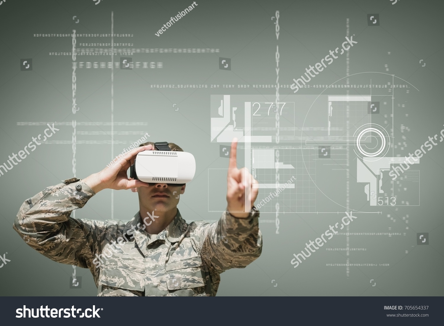 Digital composite of Military man in VR headset touching interface against green background with interfaces #705654337