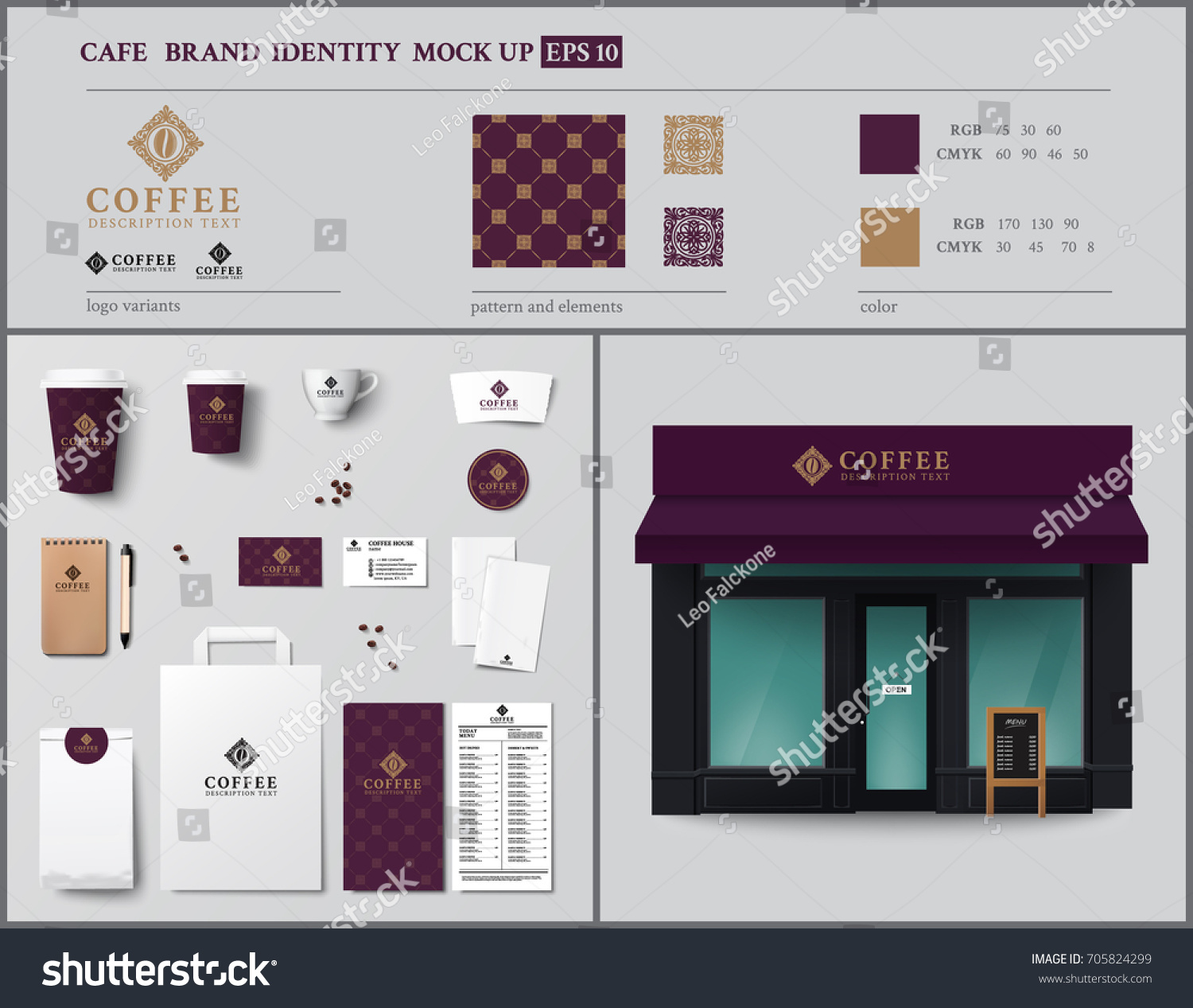 Cafe and show-window brand identity template design set. Vintage style. Vector illustration #705824299