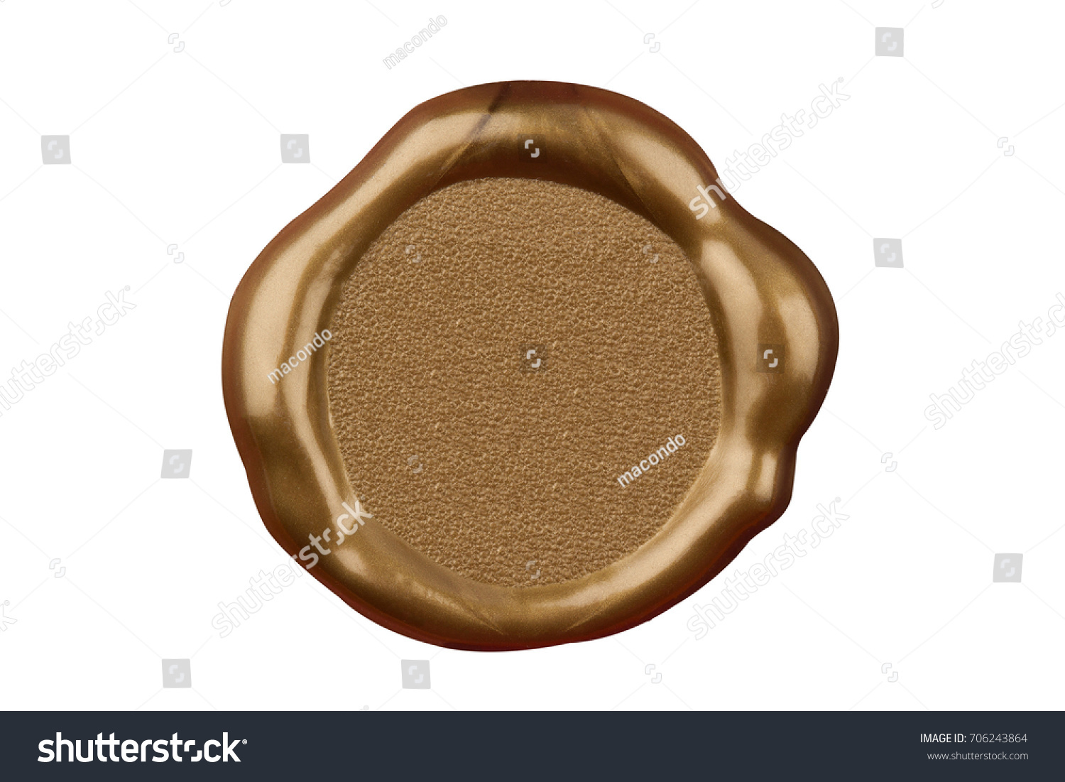 top view of empty golden wax plastic seal with gold foil and copyspace isolated on white background #706243864