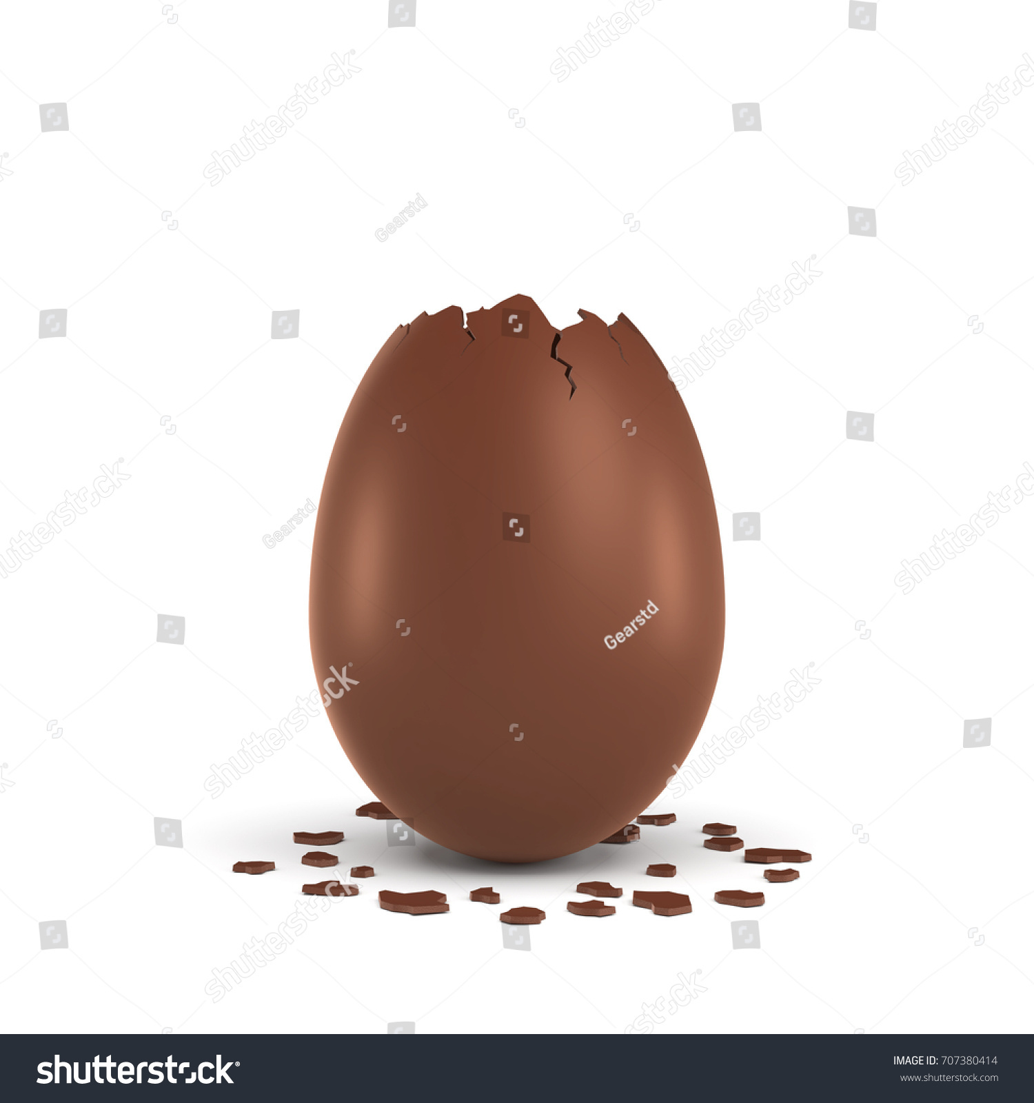 3d rendering of a hollow chocolate egg with a broken off pointy top and small pieces of the shell lying on white background. Surprise. Celebrations and gifts. Unexpected events. #707380414