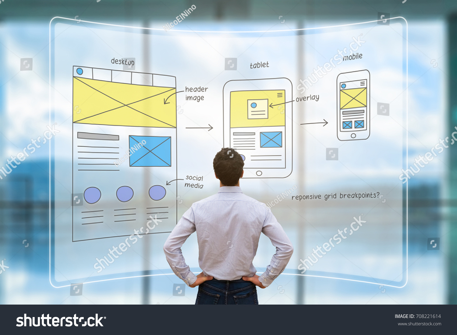 Website development UI/UX front end designer reviewing sketched wireframe layout design mockup for responsive web content with AR screen #708221614
