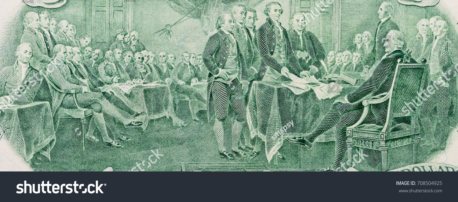 Close-up of signing declaration of independence on two dollar banknote. United States, macro #708504925
