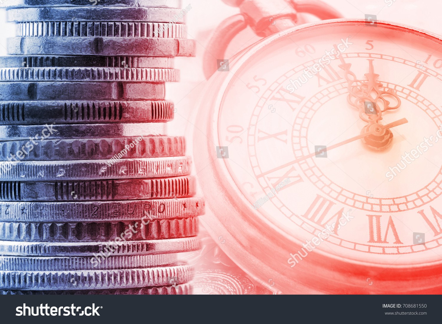 Time is money, time value of money concept : Coins and vintage brass pocket watch, idea of time which is a valuable commodity or resource and it's better to do work or things as quickly as possible. #708681550