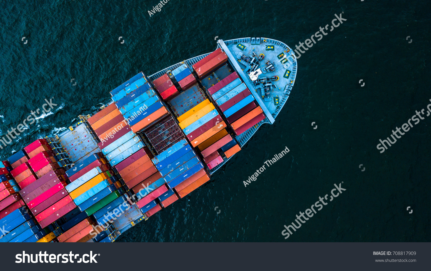Aerial top view container cargo ship in import export business commercial trade logistic and transportation of international by container cargo ship in the open sea, Container cargo freight shipping. #708817909