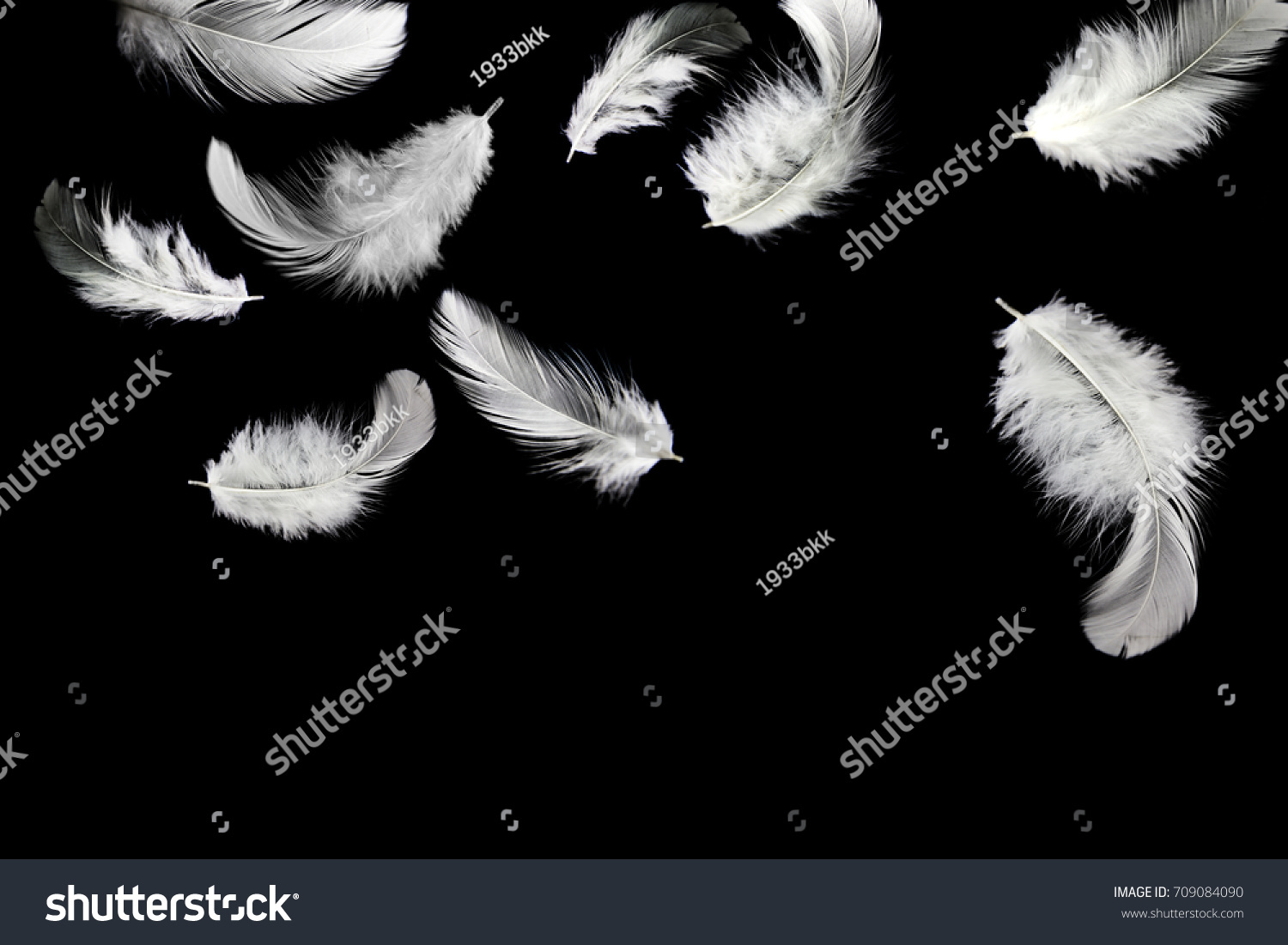Abstract, soft white feathers floating in the air, isolated on black background #709084090