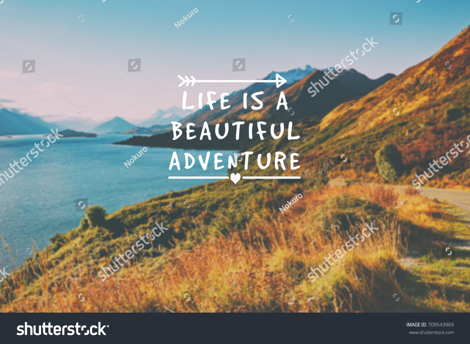 Travel inspirational quotes - Life is a beautiful adventure. Blurry retro styled background. #709543969