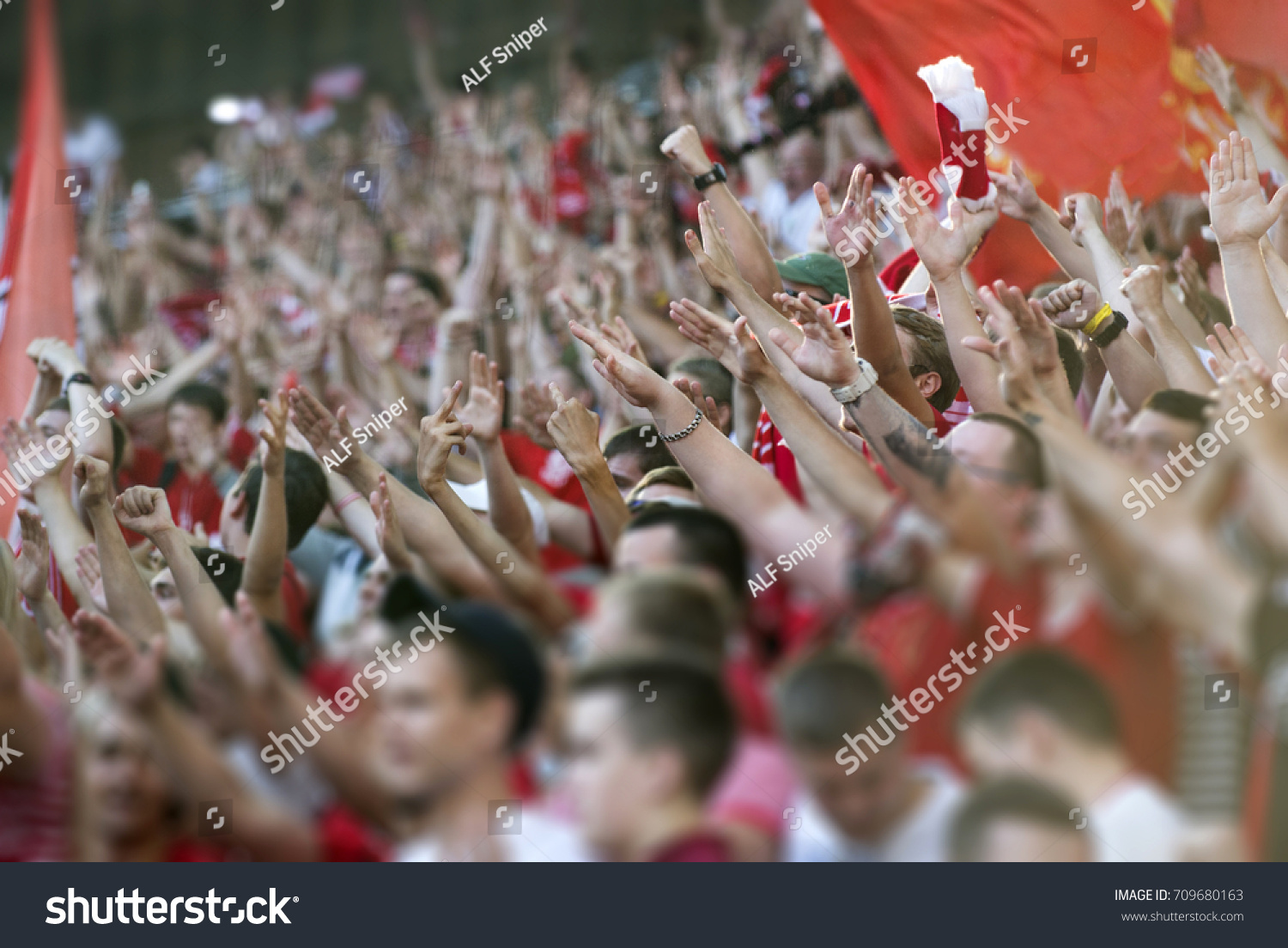 Football fans clapping on the podium of the stadium #709680163
