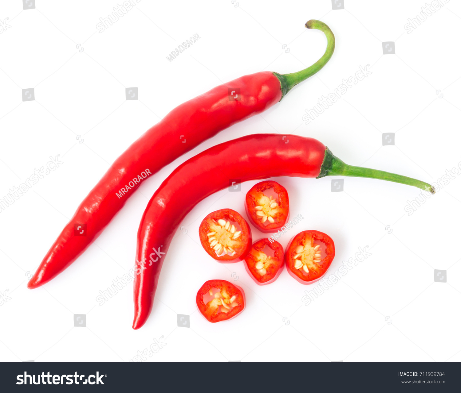 Closeup top view red chili pepper with sliced on white background, raw food ingredient concept #711939784