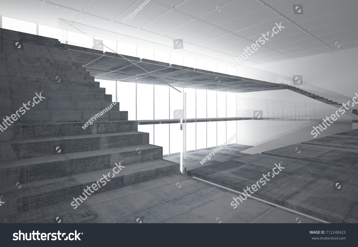 Abstract white and concrete interior multilevel public space with window. 3D illustration and rendering. #712240423