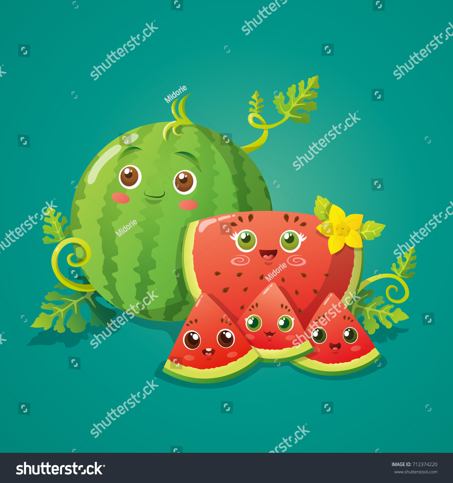 Cute watermelon family vector on green Royalty Free Stock Vector