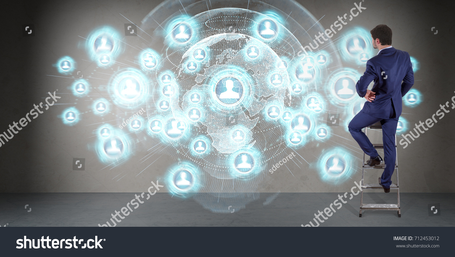 Businessman in modern interior using social network interface on a wall 3D rendering #712453012
