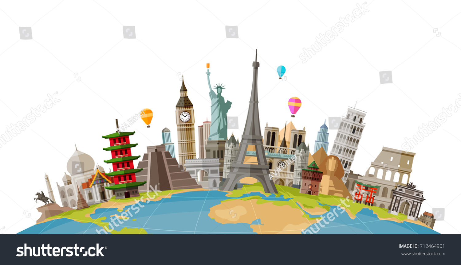 Travel, journey concept. Famous monuments of world countries. Vector illustration #712464901