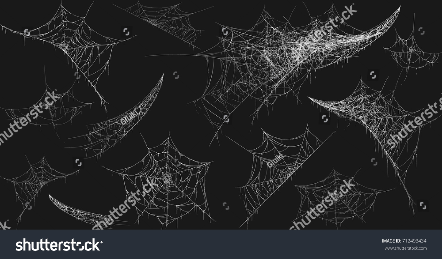 Collection of Cobweb, isolated on black, transparent background. Spiderweb for Halloween design. Spider web elements,spooky, scary, horror halloween decor. Hand drawn silhouette, vector illustration #712493434