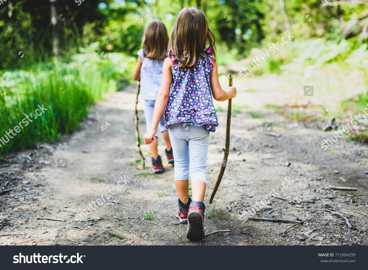 Children - identical twins girls are hiking in the mountains. Active family, parents and children mountaineering in the nature. Kids are walking in woods with walking sticks. #712904299