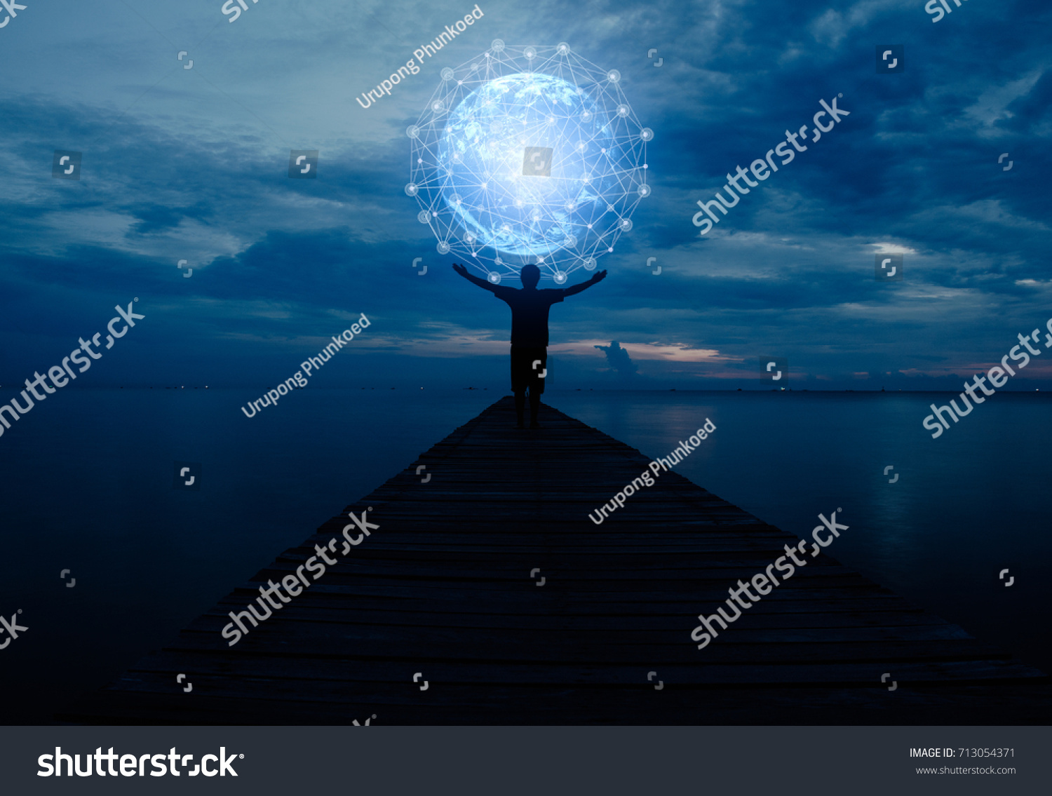 Abstract science, circle global network connection in hands on night sky background / soft focus picture / Blue tone concept #713054371