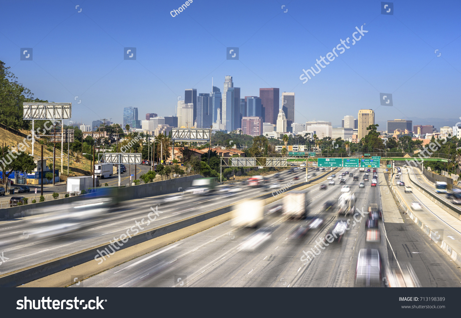 Los Angeles City Freeway Traffic At Sunny Day #713198389