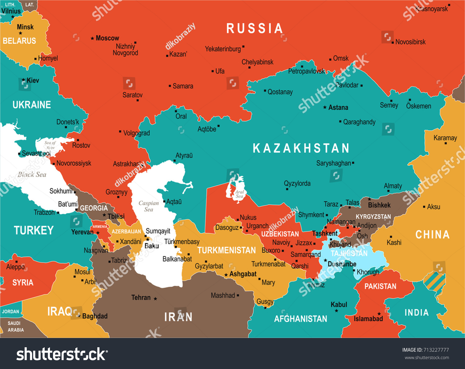 Caucasus and Central Asia Map - Detailed Vector - Royalty Free Stock ...