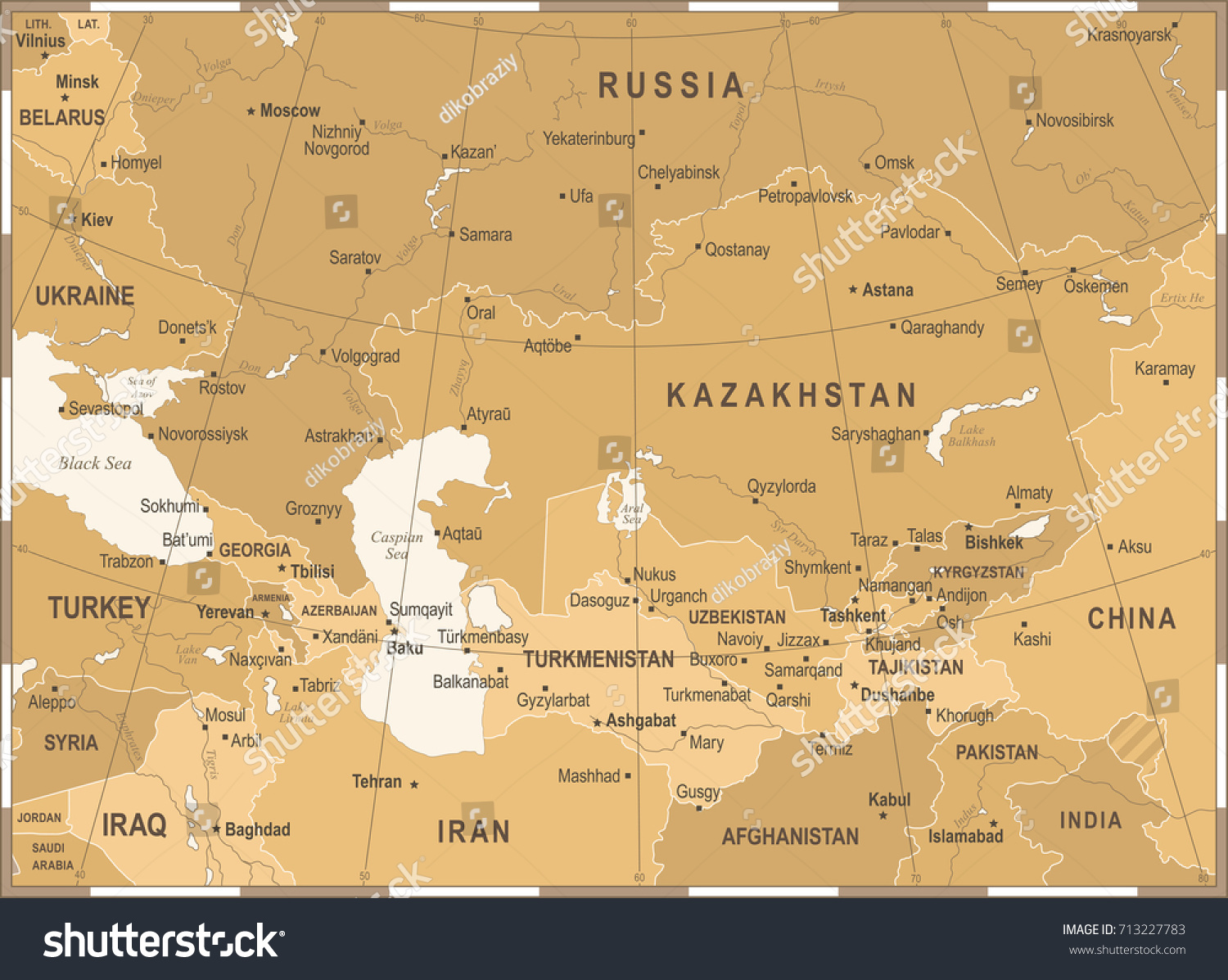 Caucasus And Central Asia Map - Vintage Detailed - Royalty Free Stock ...