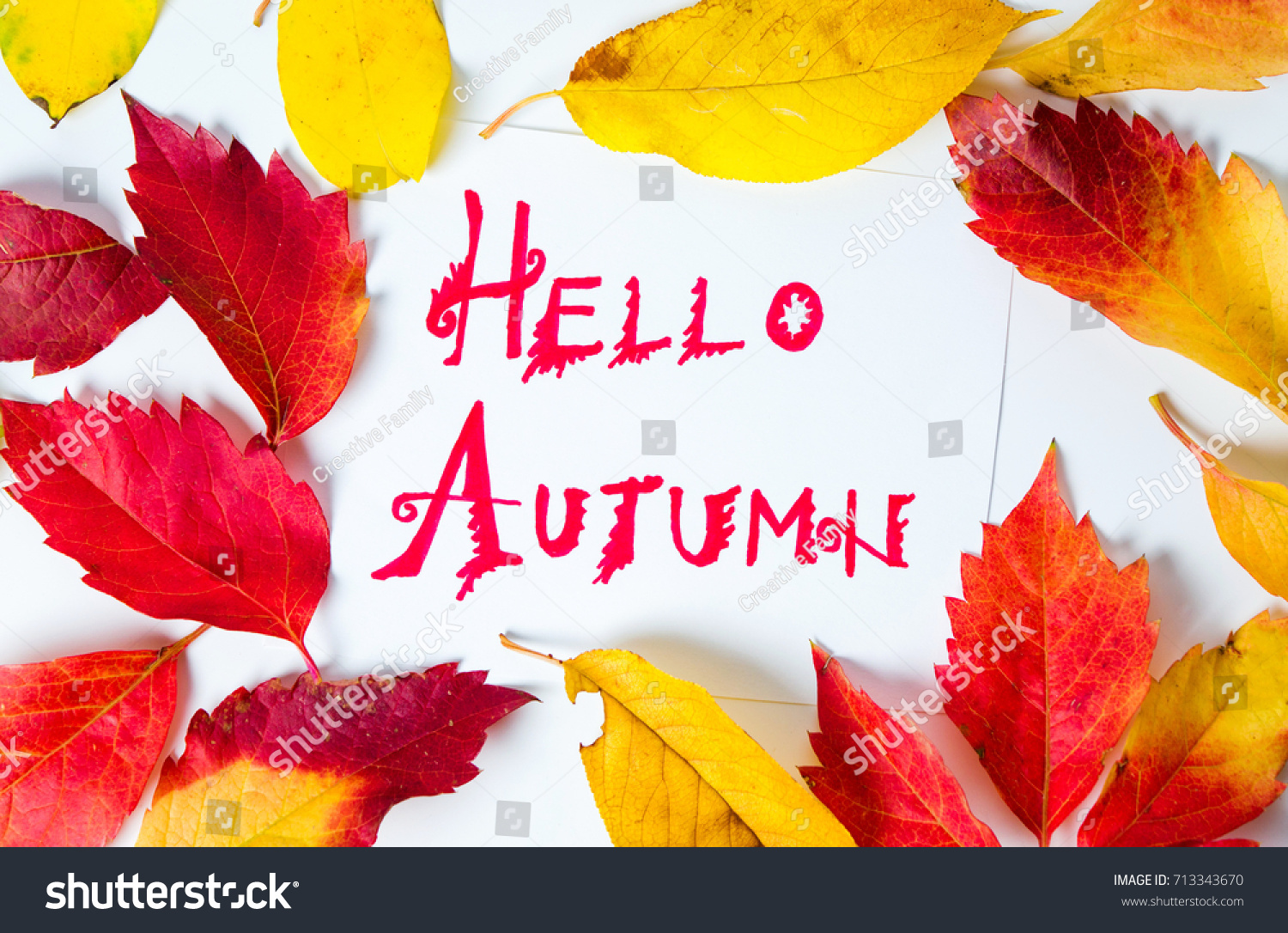 Hello Autumn calligraphy note with fallen leaves on white paper #713343670