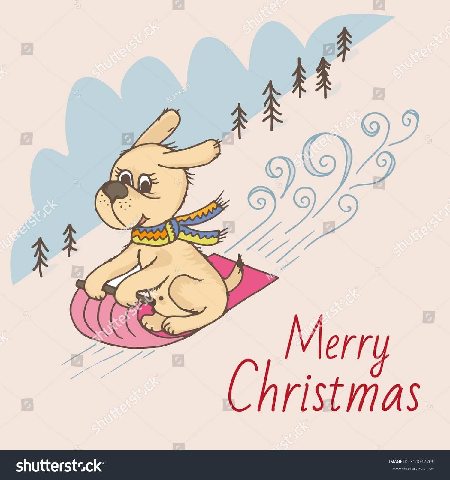 Doodle dog rolls down the mountain on a sleigh, merry Christmas greeting card #714042706