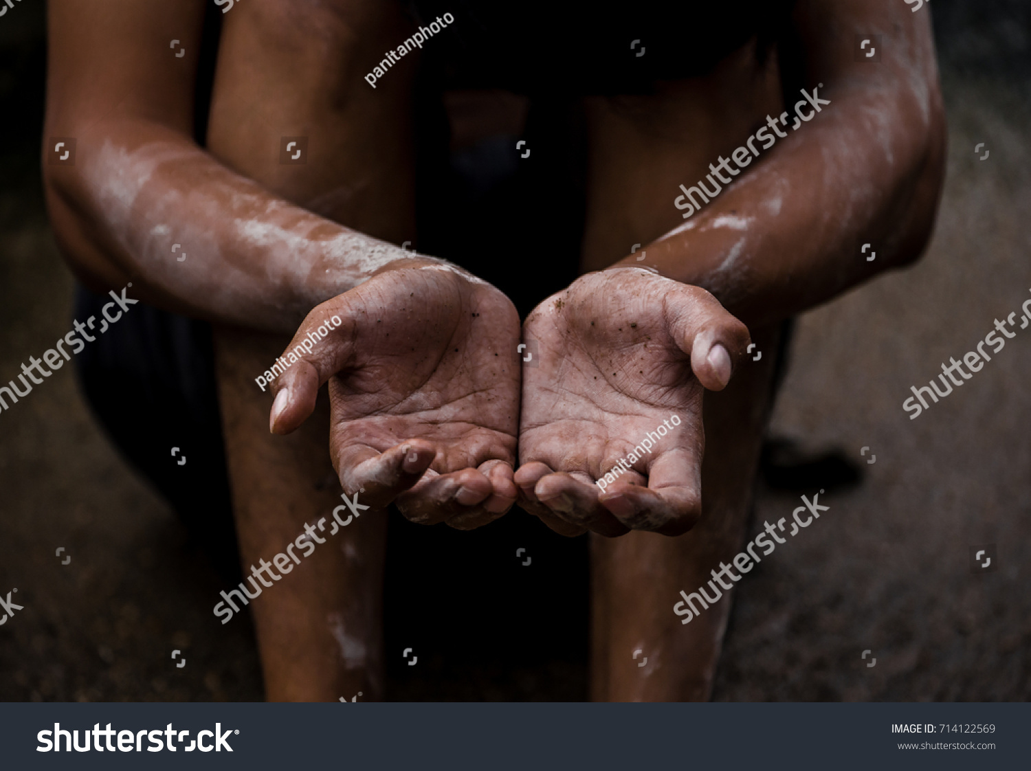 soft focus. hands poor child begging you for help concept for poverty or hunger people, Human Rights,background text. #714122569