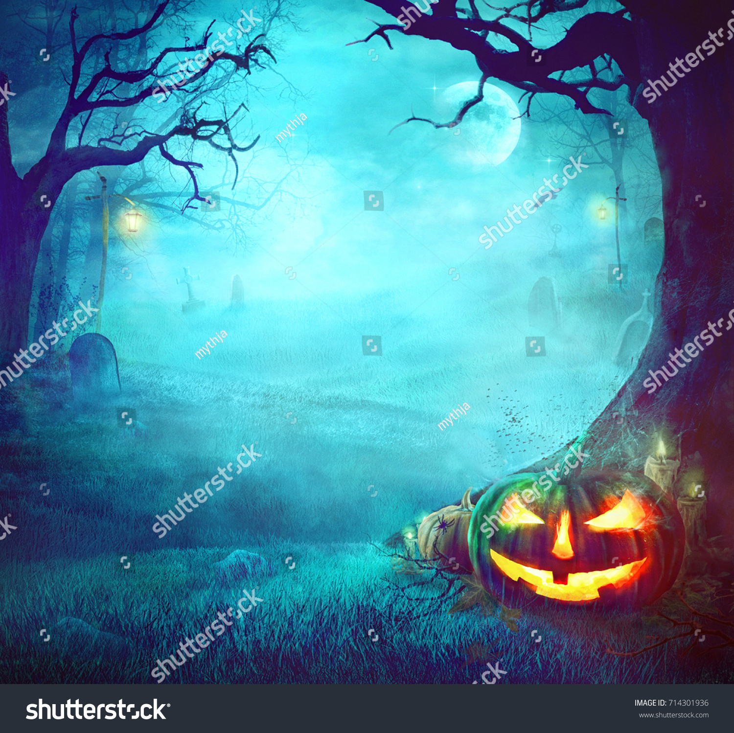 Halloween Pumpkin in Dark Forest. Halloween Background. Halloween Pumpkin with Graveyard #714301936