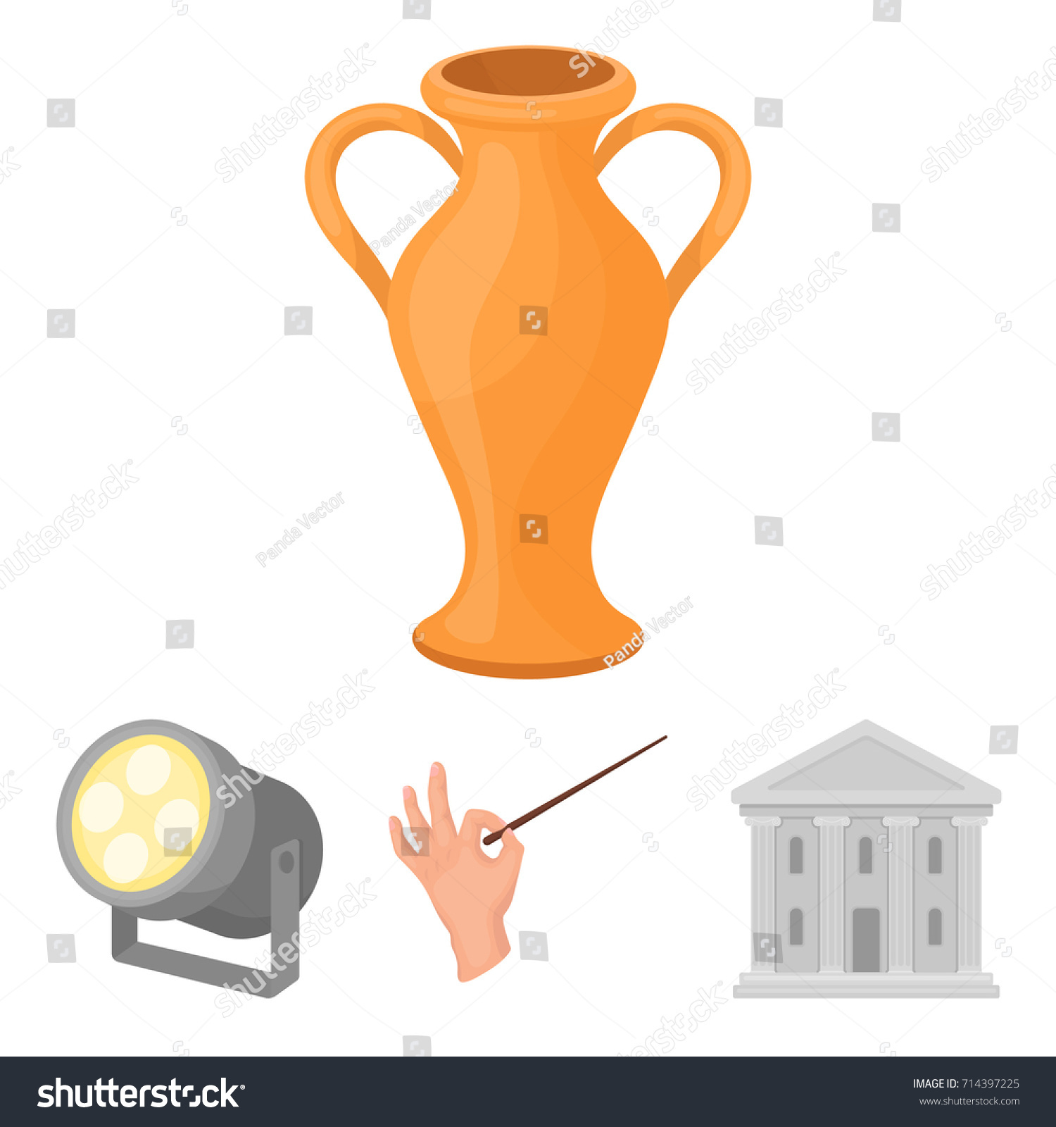 Conductor's baton, theater building, searchlight, amphora.Theatre set collection icons in cartoon style vector symbol stock illustration web. #714397225