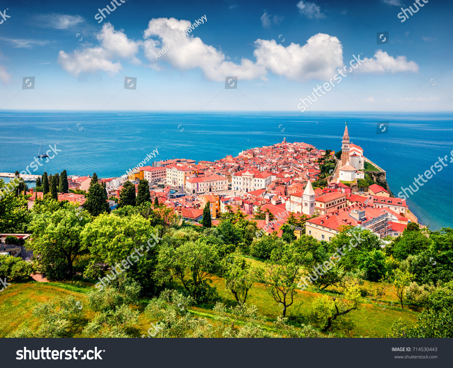 Aerial view of old town Piran. Splendid spring morning on Adriatic Sea. Beautiful cityscape of Slovenia, Europe. Traveling concept background. Magnificent Mediterranean landscape. #714530443