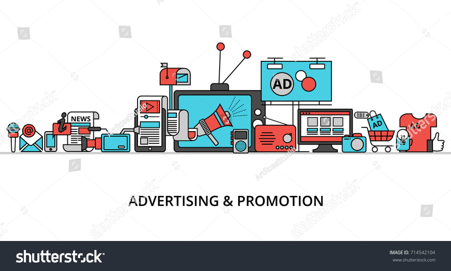 Modern flat thin line design vector illustration, concept of advertising, marketing and promotion process, for graphic and web design #714542104