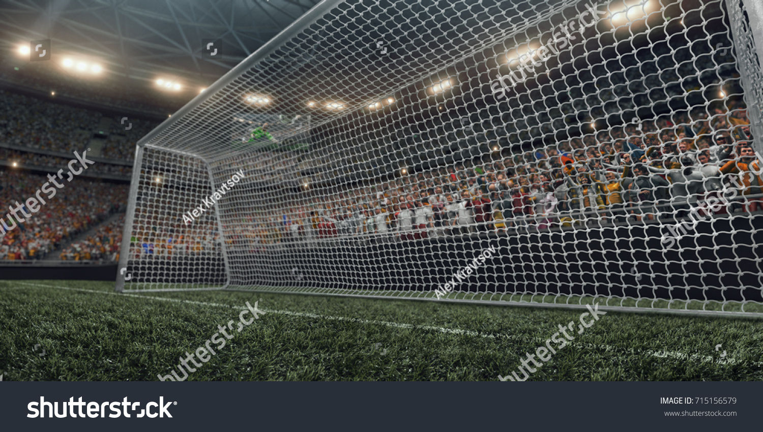 Dramatic soccer stadium with soccer gate in 3D. Professional arena are full of fans. #715156579