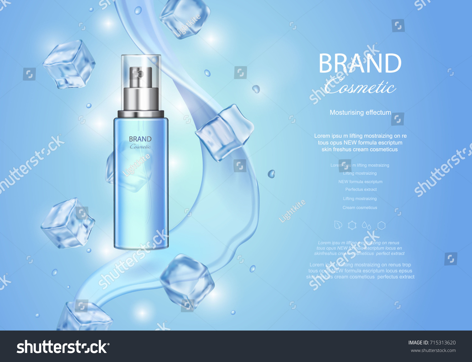 Ice toner ads with ice cubes. Blue spray bottle, water drops, realistic vector illustration, sparkling effect, waves background #715313620