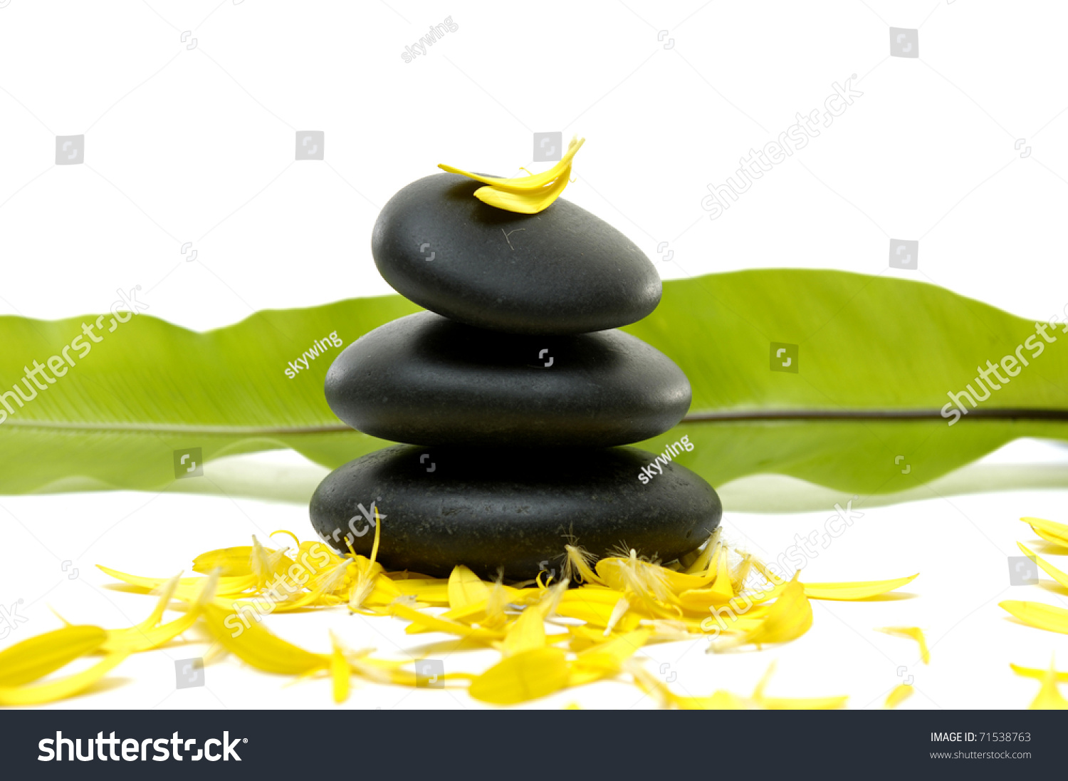 zen pebbles and green banana leaf with flower petals #71538763