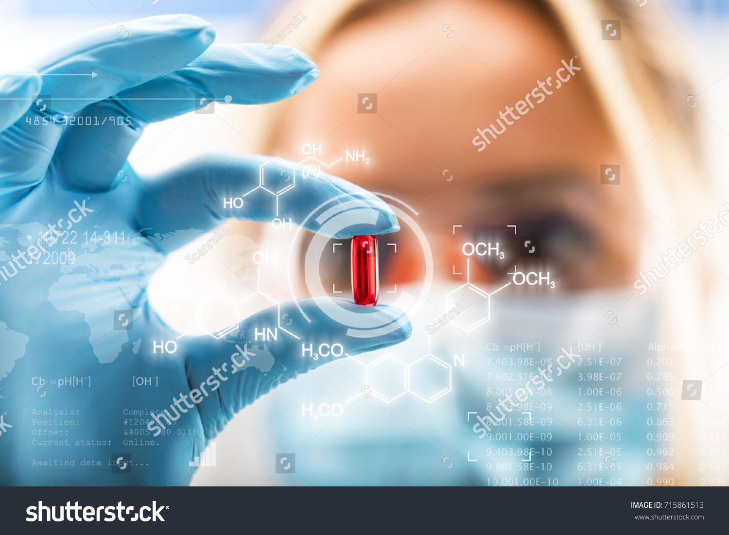 Young attractive female scientist holding a red transparent pill with futuristic scientific air interface with chemical formulas and research data in the foreground #715861513