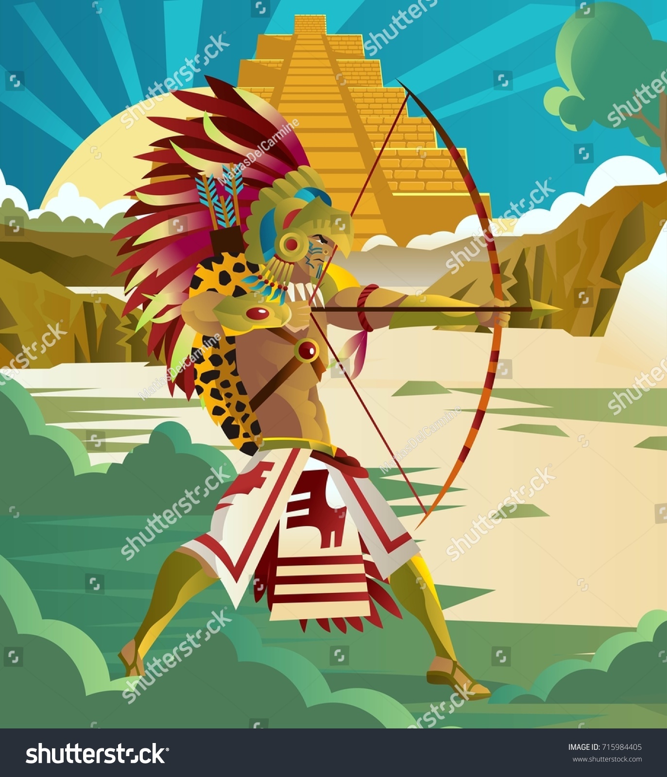 Aztec Warrior With Bow And Arrow In The Jungle - Royalty Free Stock 